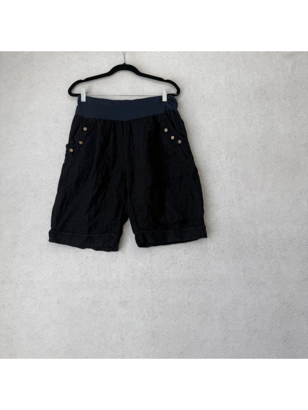 Colette Shorts Womens Large Navy 100% Linen Bermuda Pull On Elastic Waist